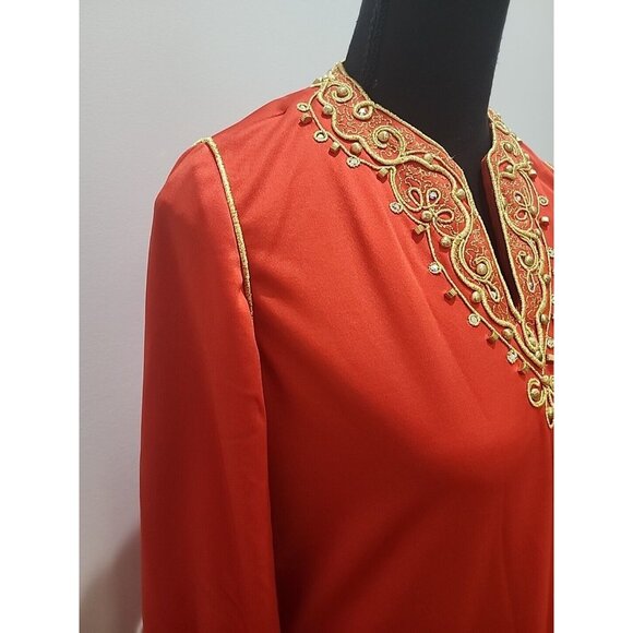 Vintage Embroidered Beaded Red & Gold Dress Gown by Jeannene Booher 80's Elegant - Picture 5 of 13